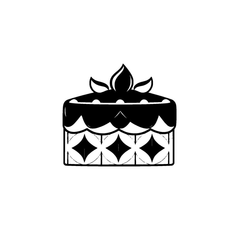 A stylized, minimalist black and white illustration of a round cake with ornate details, featuring leaflike toppers and a geometric pattern. vector