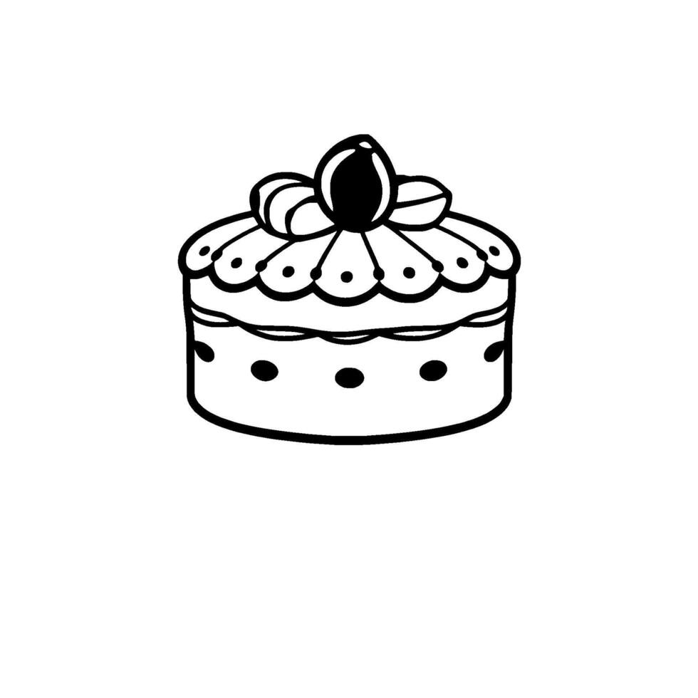 Minimalist Black and White Cake Illustration with Cherry Topping, Simple on White Background. vector