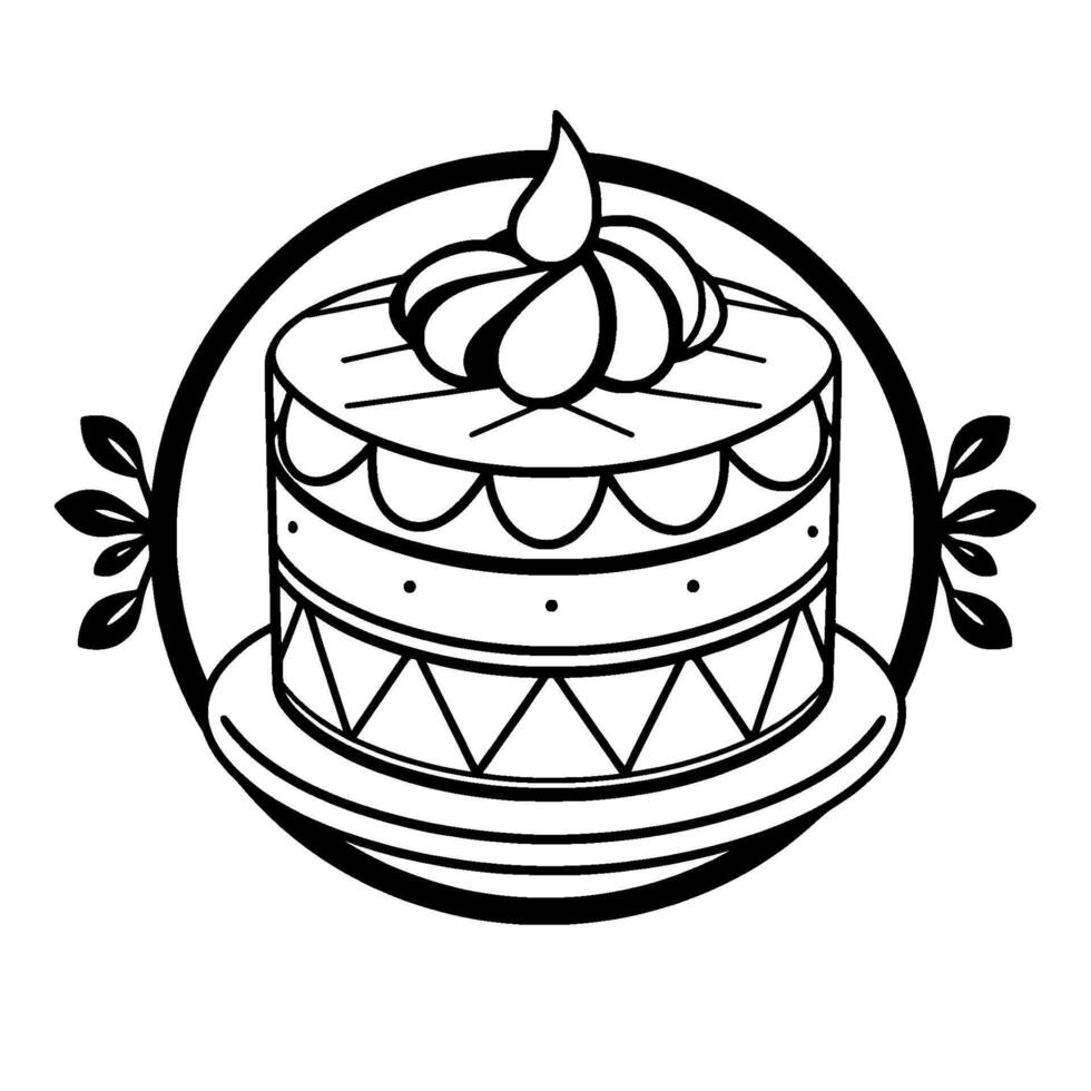 Elegant Monochrome Cake Illustration Layered Dessert with Decorative Circle and Leaf Accents on White Background vector