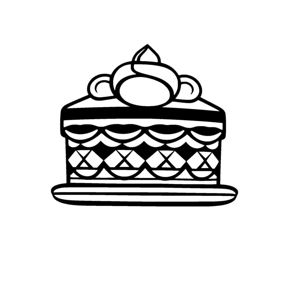 Stylized, black and white illustration of a layered cake with decorative frosting and geometric patterns. vector
