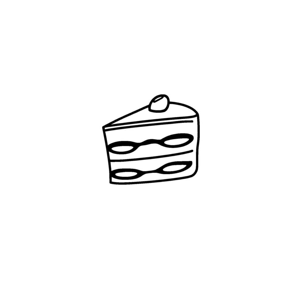 Simple Black Outline Illustration of a Triangular Cake Slice with a Cherry on Top, against a White Background. vector