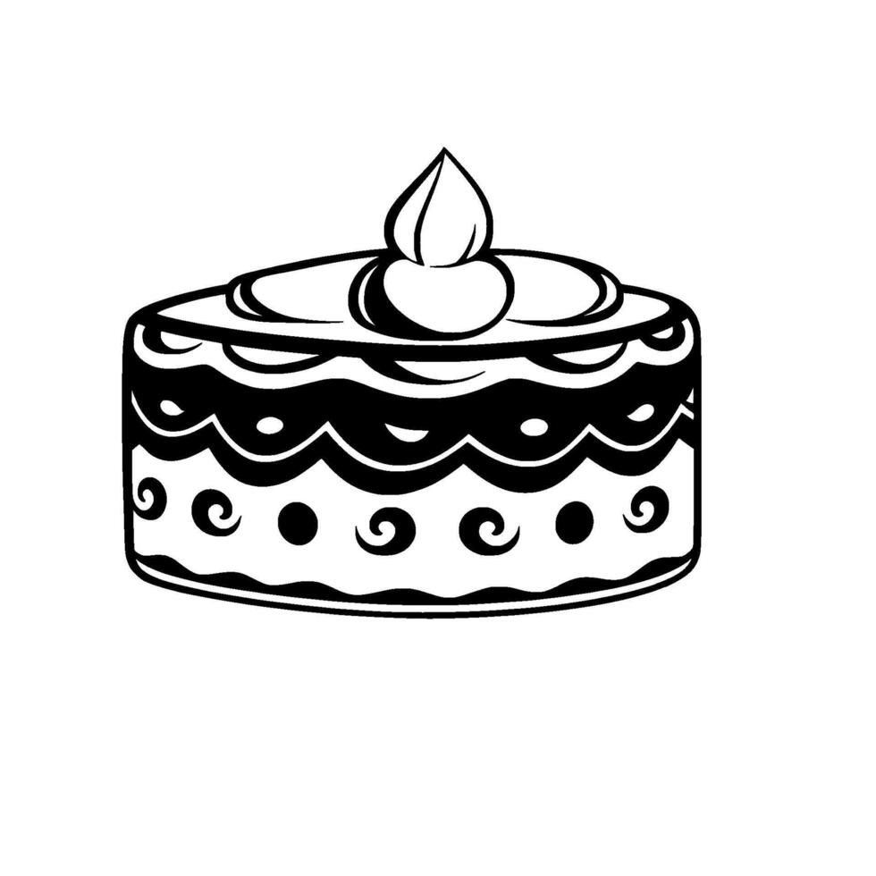 Ornate Black and White Cake with Scalloped Edges, Swirls, and a Single Topping vector