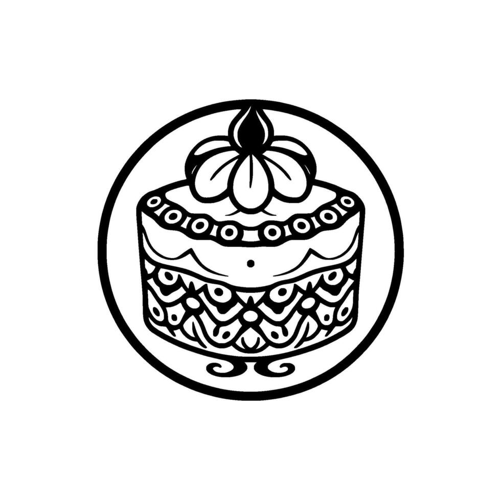 Ornate Cake in a Circular Frame A Detailed Black and White Illustration with Flower Topping and Decorative Layers. vector