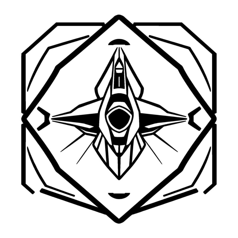 A symmetrical, stark black and white futuristic spaceship , centrally placed within a geometric, diamondshaped frame, evoking technology and scifi. vector