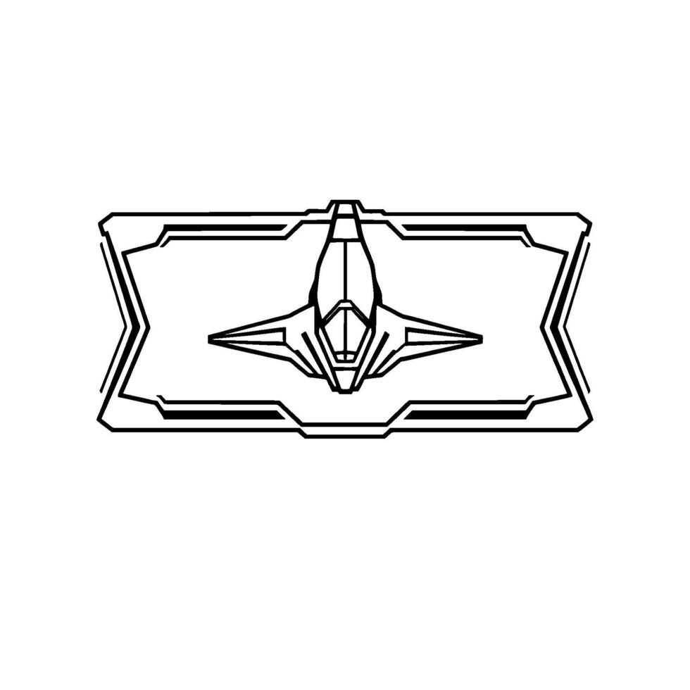 Geometric outline of a spaceship within a rectangular, stylized border, all depicted in black and white on a white background. vector