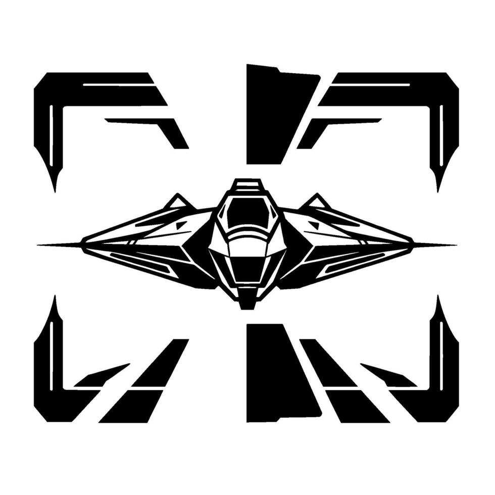 Futuristic Spaceship Blueprint Geometric Art of a Stealth Fighter with Abstract Framing Elements, BW Composition vector