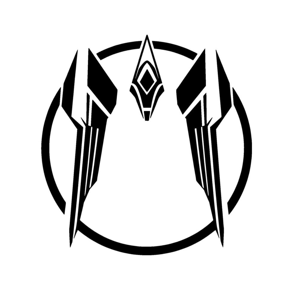 Symmetric, Minimalist, Black and White Abstract Crest Featuring Geometric Shapes within a Circular Frame, Futuristic and Symbolic. vector