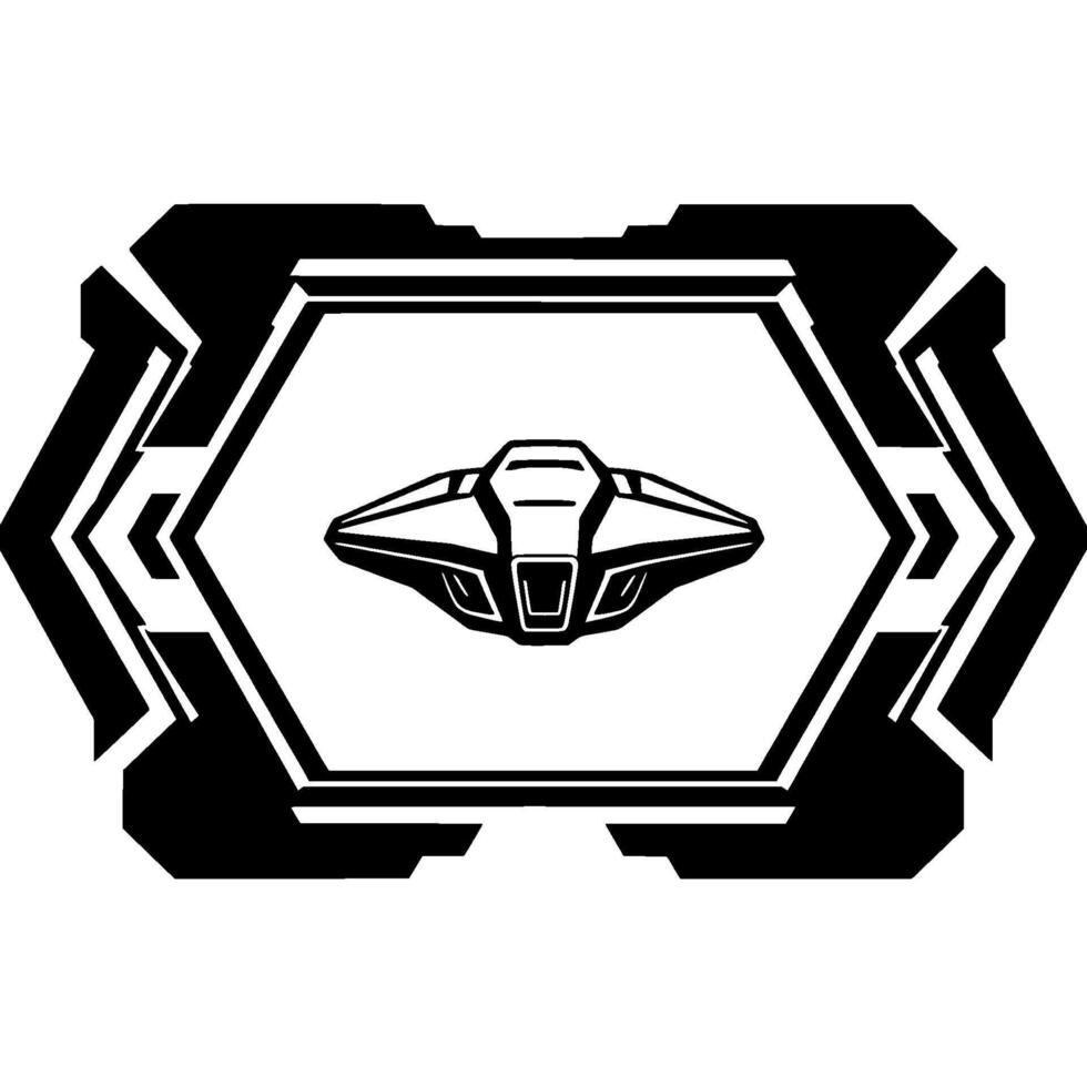 Minimalist Black White SciFi Spaceship within Geometric Hexagonal Frame , Futuristic Iconography. vector