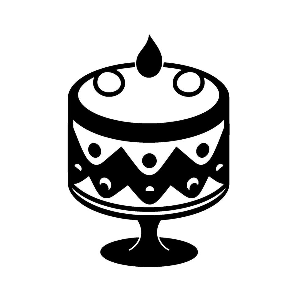 Bold Black and White Illustration of a Layered Cake on a Pedestal Dish with a Candle on Top, Festive and Decorative. vector