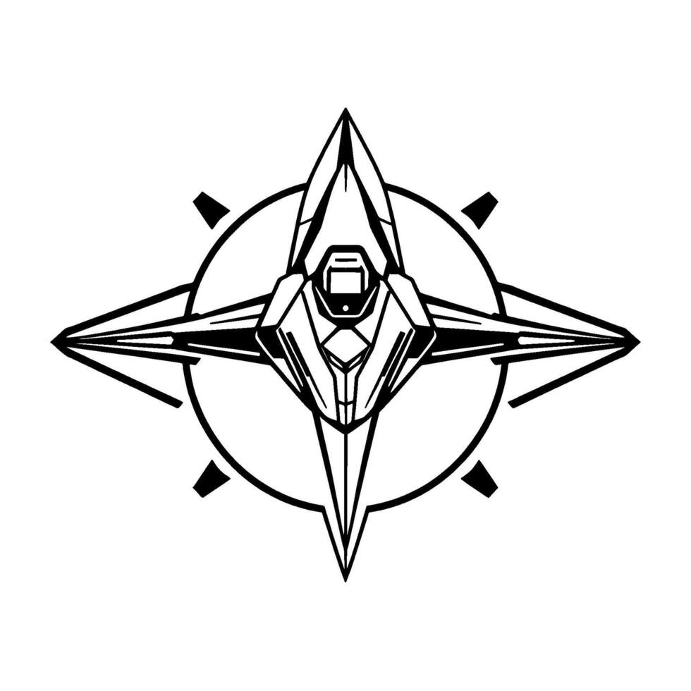 Abstract Black and White Geometric Starburst Featuring a Central SpacecraftLike Element Within a Circular Frame. vector