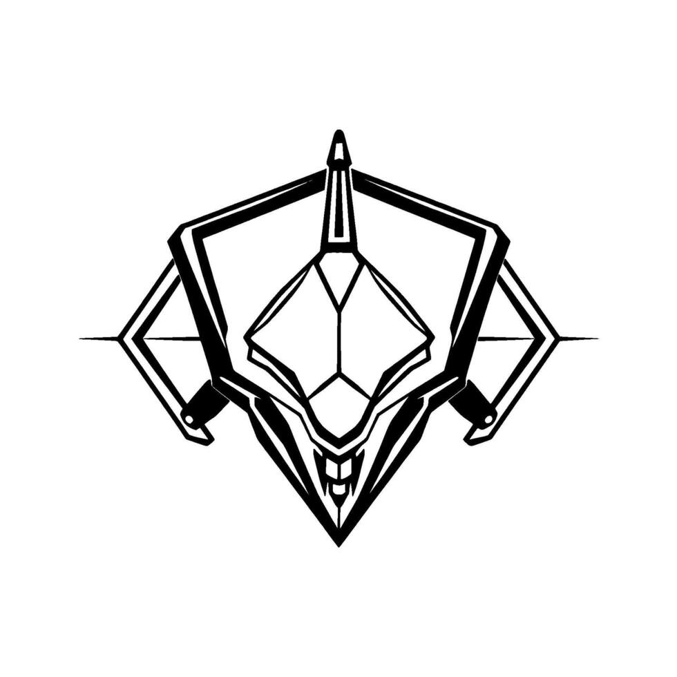 Black and white geometric emblem with sharp angles and a central, diamondshaped face, reminiscent of a futuristic mecha . vector