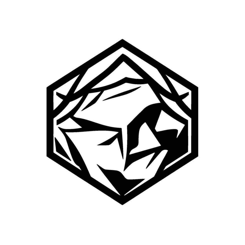 Geometric, stylized black and white portrait of a stoic, shadowed face, framed within a hexagonal border, conveying minimalist strength. vector