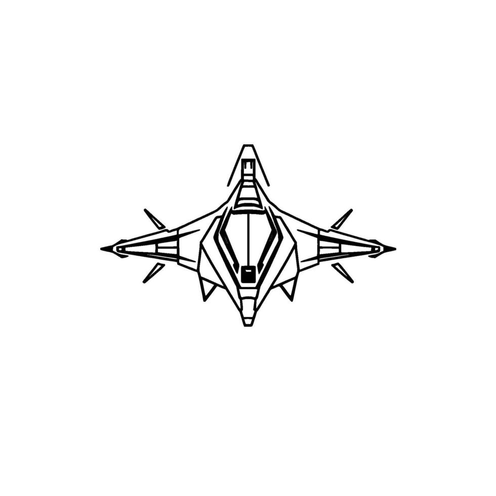 Overhead, isolated blackline art rendering of futuristic spacecraft with sharp angles and minimalist aesthetic. vector