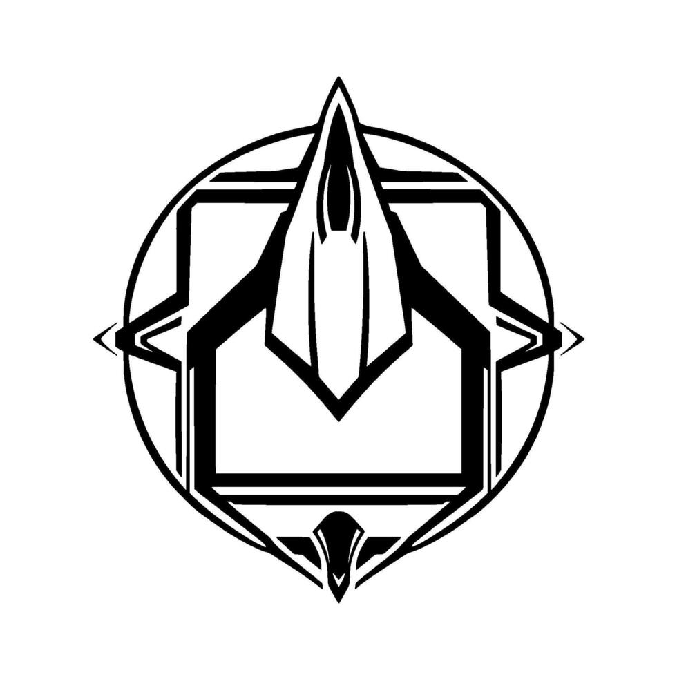 Bold Black and White Geometric Emblem Featuring Futuristic Aircraft and Geometric Circle Square. vector