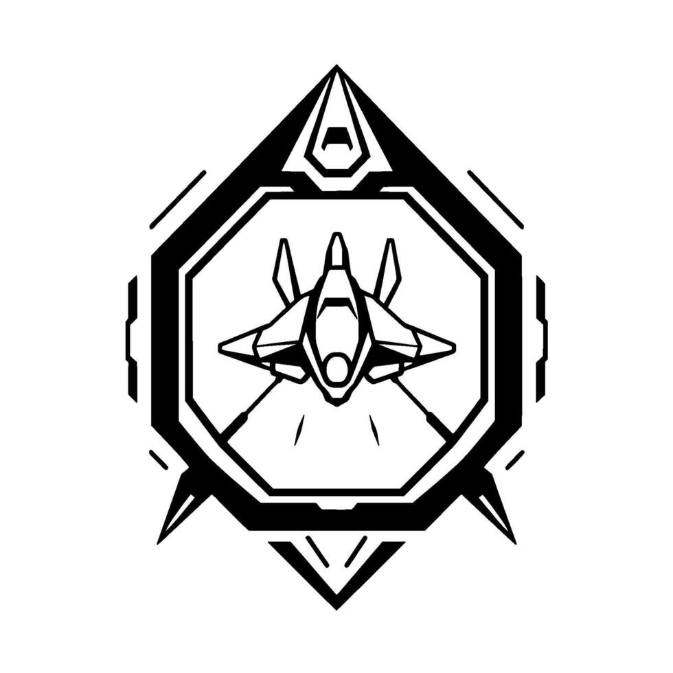 Futuristic Starfighter Emblem in Bold Black White, Inside a Geometric Shield . vector