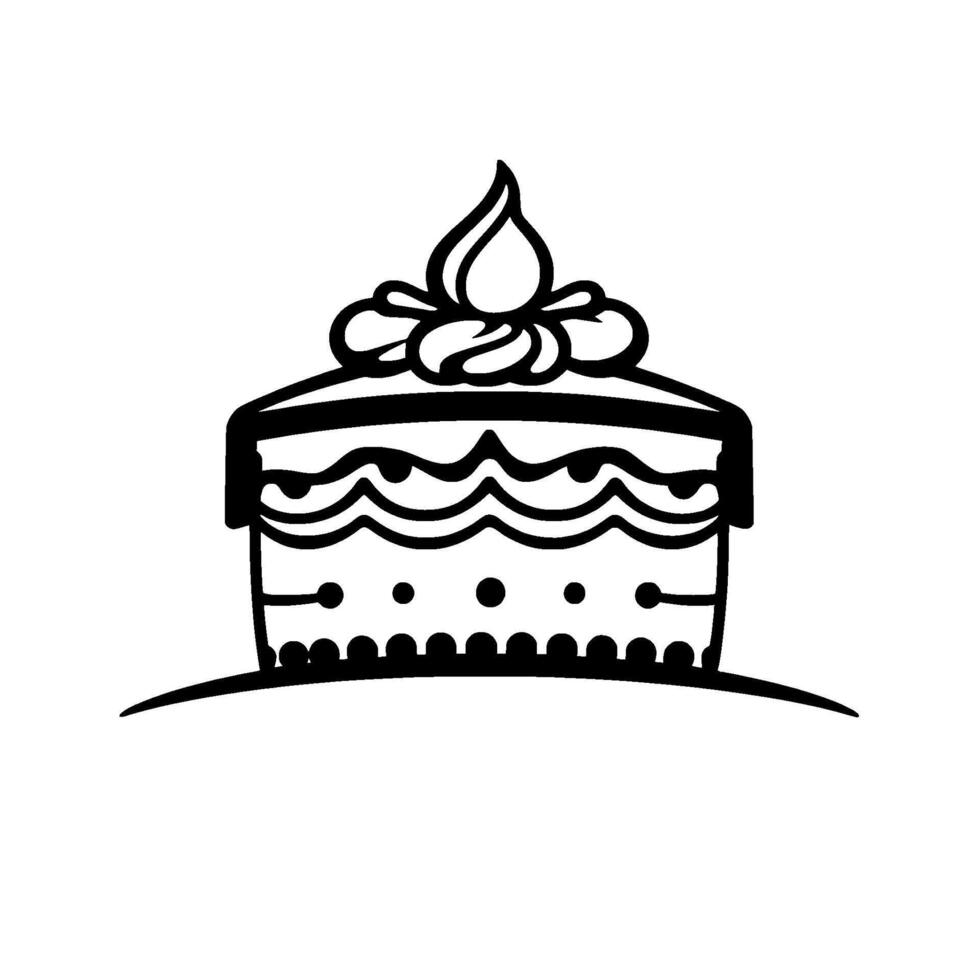 illustration of a stylized, black and white cake slice with decorative frosting and embellishments, set against a plain background. vector
