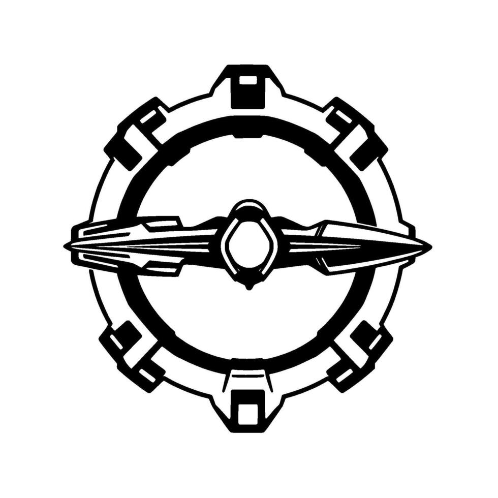 A symmetrical, futuristic, gearshaped emblem with a central bladelike element, rendered in stark black and white, hinting at technology and precision. vector