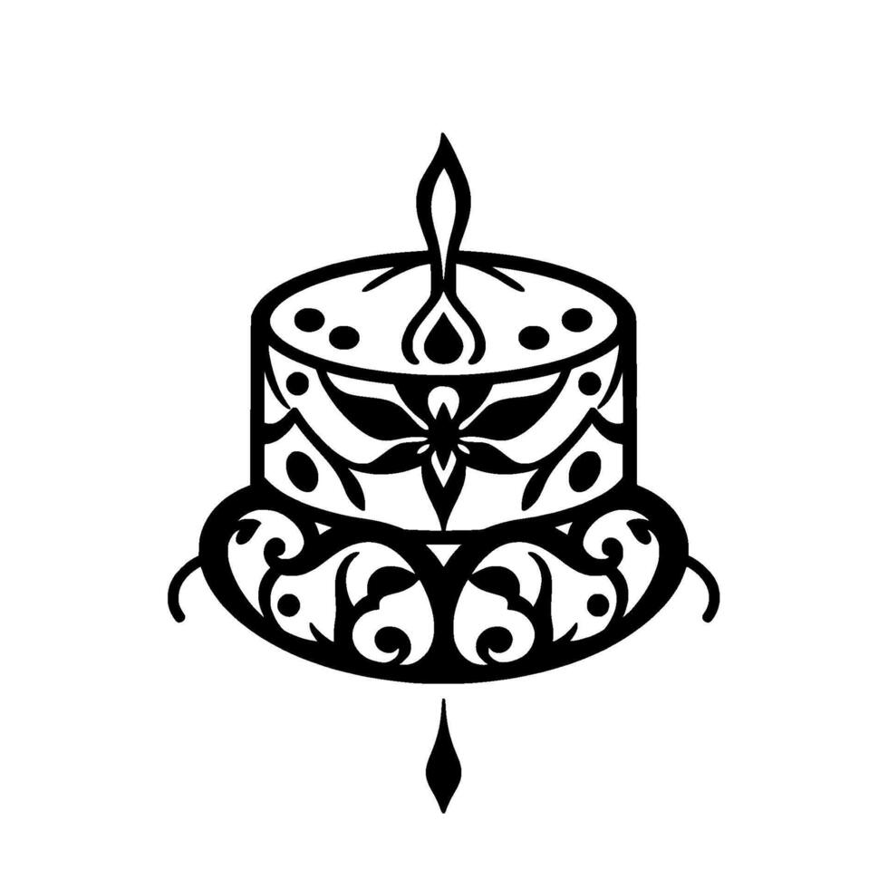 Decorative Black and White Illustration of an Ornate Candle with a Flame, Adorned with Floral and Swirl Motifs. vector