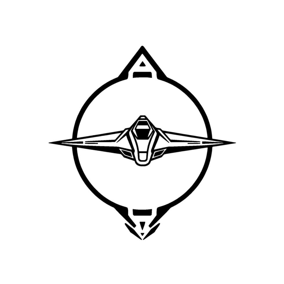 Sleek, minimalist black and white featuring a futuristic spaceship inside a diamondshaped frame, encircled by a circular outline. vector