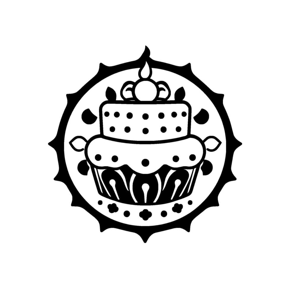 Ornate Black and White Cake with Candle, Dots, and Decorative Floral Mandala Frame for Festive Celebration. vector