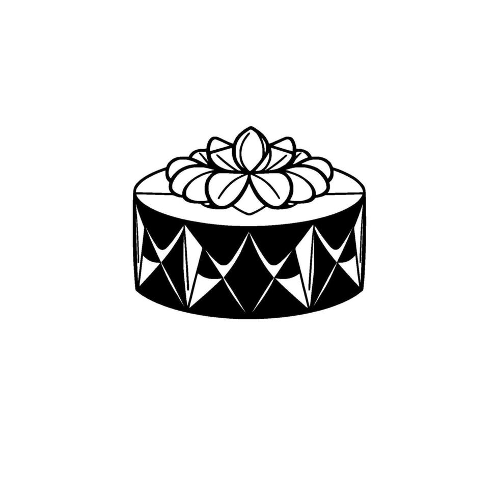 A minimalist, symmetrical black and white illustration of a round gift box adorned with a flowerlike top, geometric pattern. vector