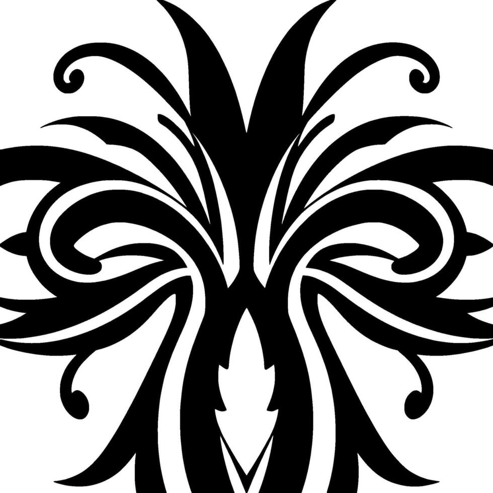 Symmetrical Black White Ornamental , featuring stylized leaf and swirl motifs, creating a dynamic and decorative abstract pattern. vector