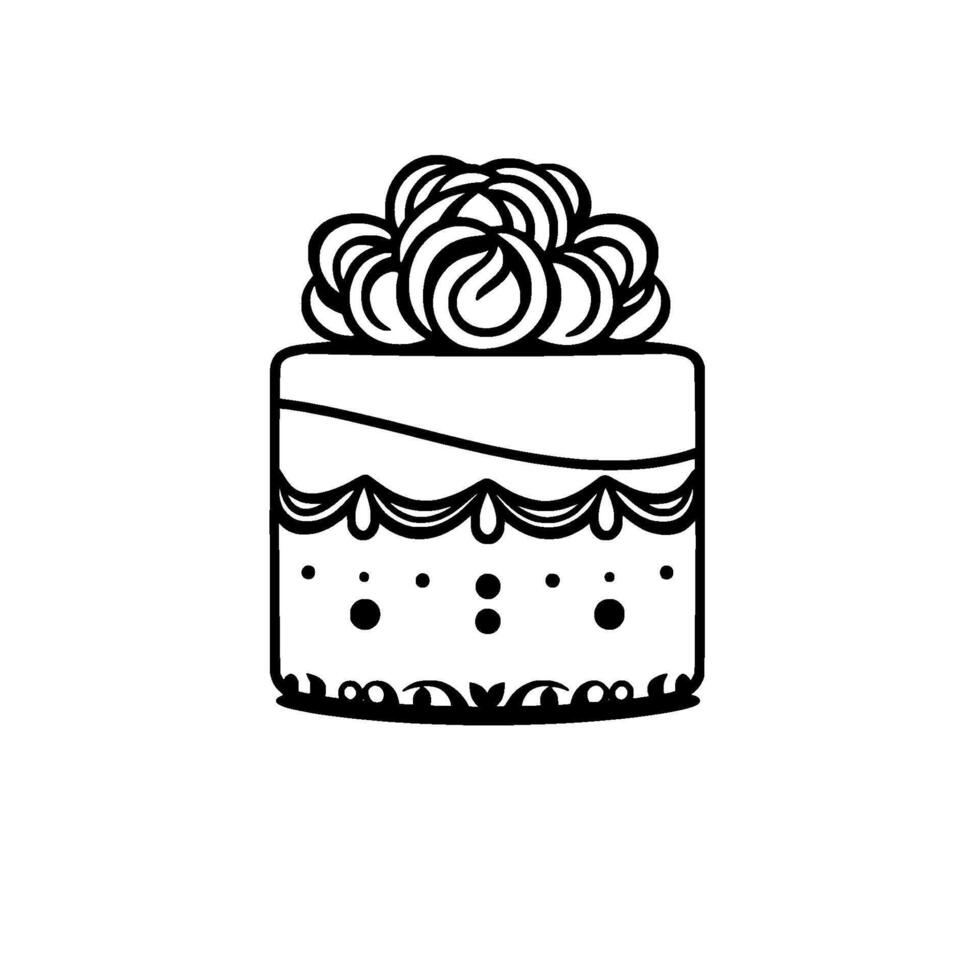 Detailed Black and White Minimalist Illustration of a Square Cake with Swirl Decoration on Top, Elegant Edges and Dot Details. vector