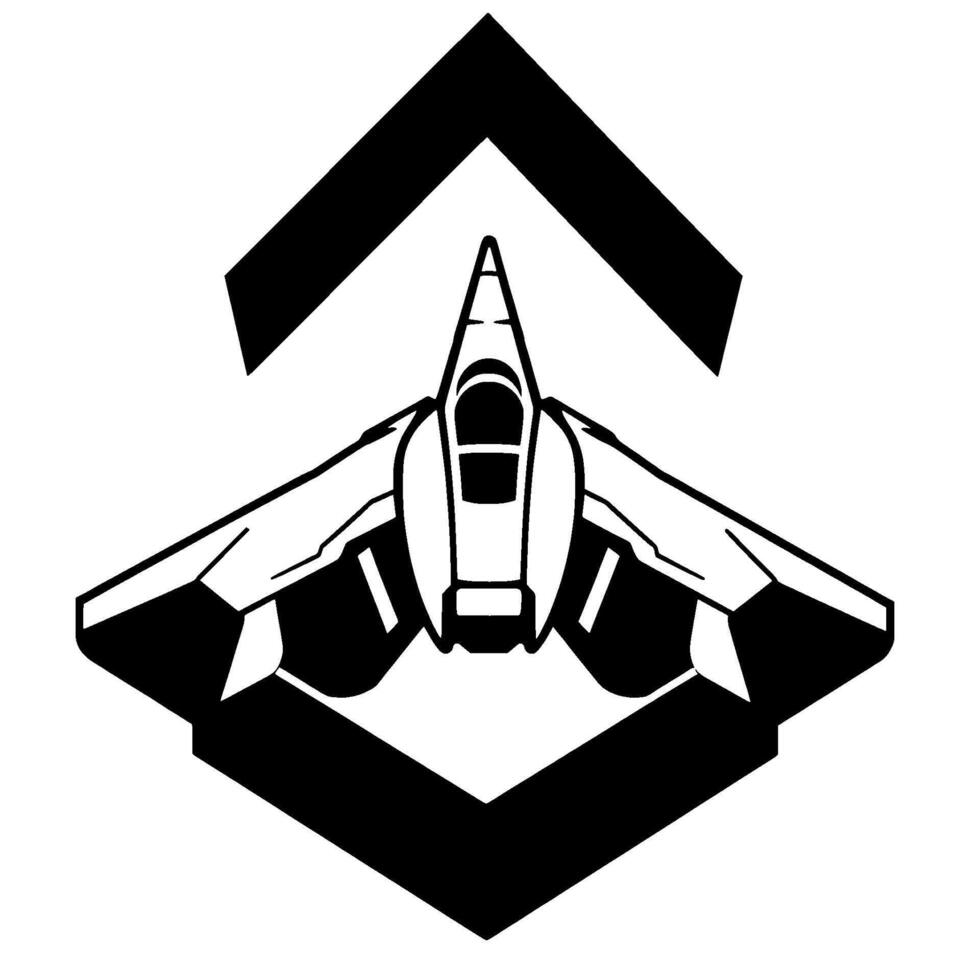 Stylized Black and White Illustration of a Futuristic Fighter Jet within Geometric Chevron and Diamond Shapes. vector