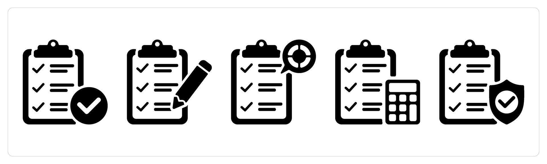 Set of 5 business icons as checklist, testing sheet, pie chart report vector
