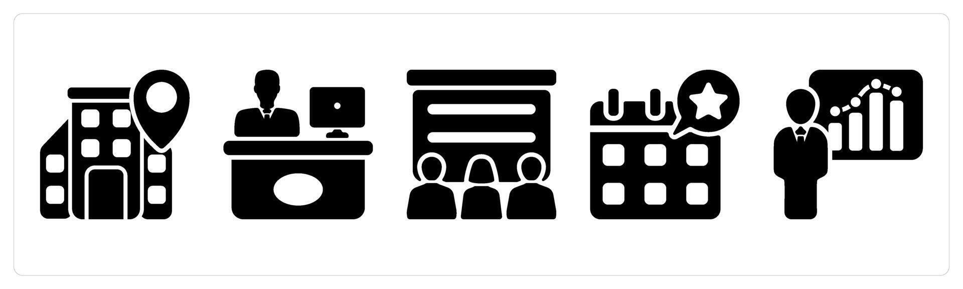 Set of 5 business icons as office location, reception, training vector