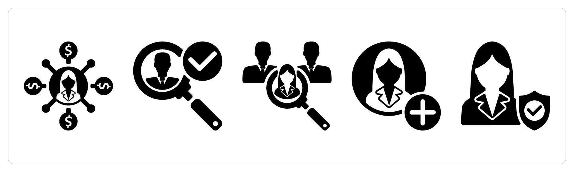Set of 5 business icons as affiliate marketing, find candidate, recruitment vector