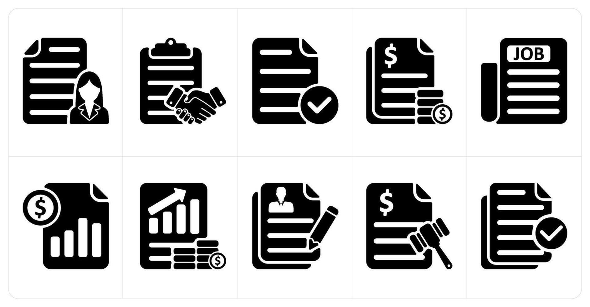 Set of 10 business icons as employee details, agreement, verified file vector