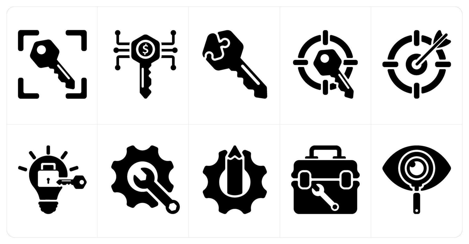 Set of 10 business icons as target key, business key, solution key vector