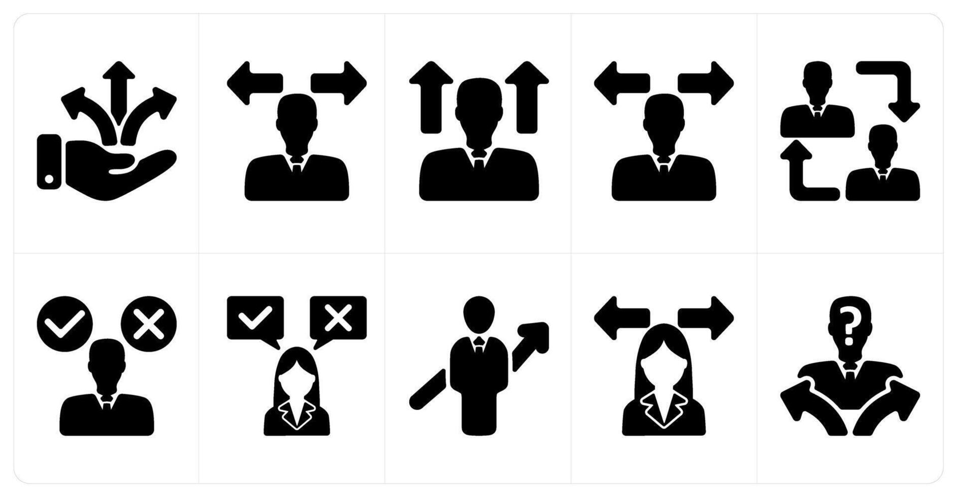 Set of 10 business icons as business direction, confusion, career vision, employee change vector