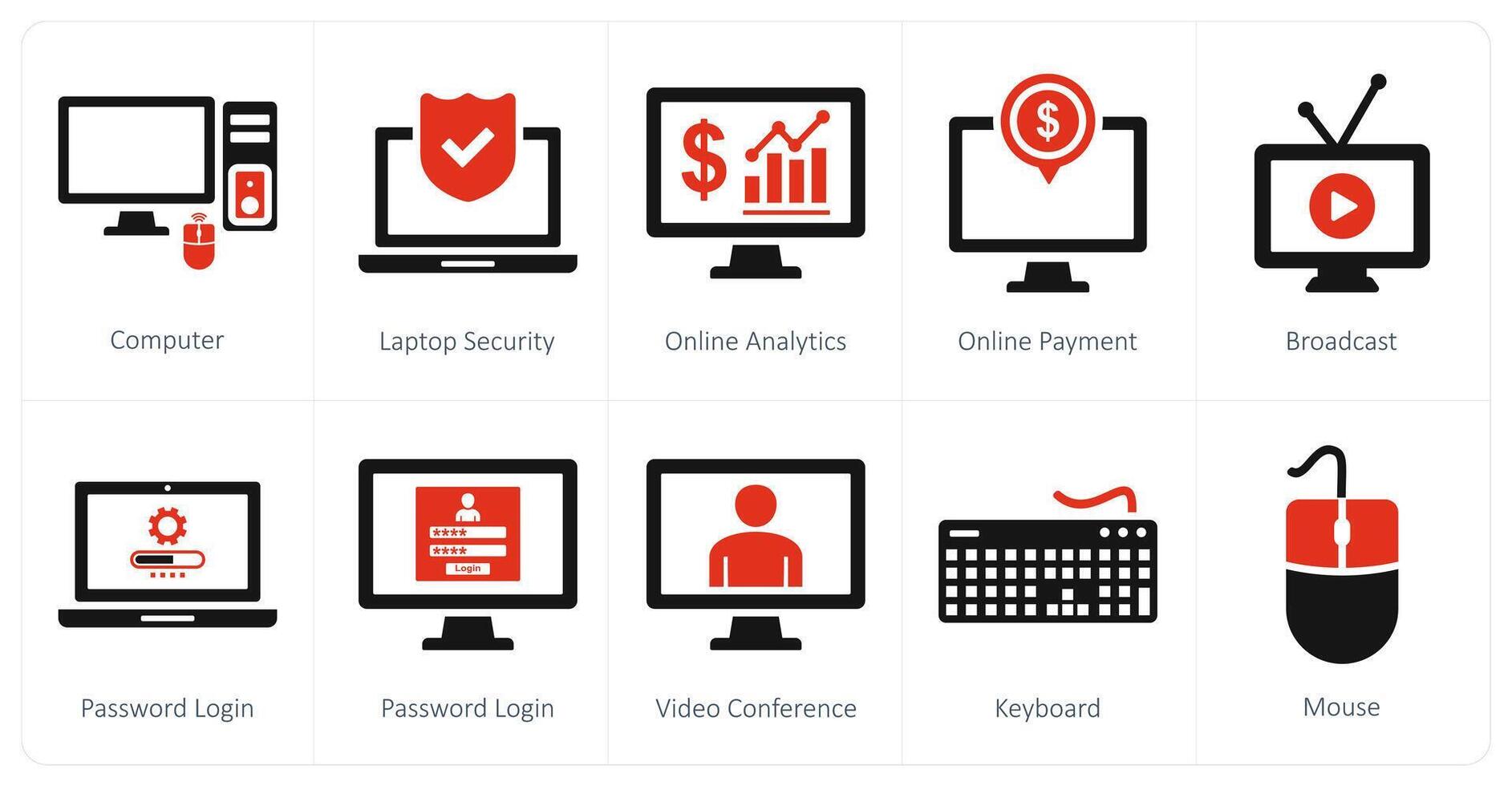 Set of ten 10 mix icons as computer, laptop security, online analytics vector