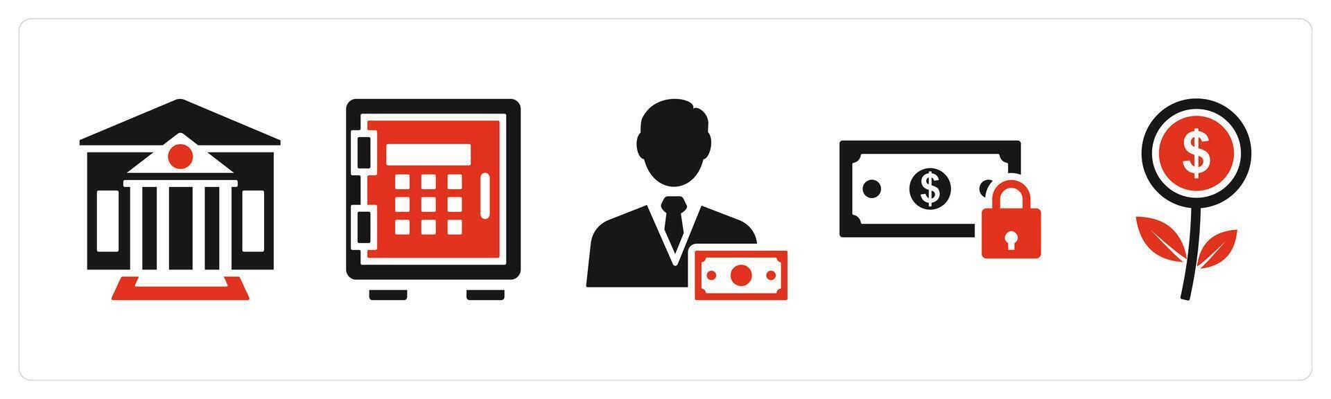 Set of 5 mix icons in red color as bank, locker, accountant vector