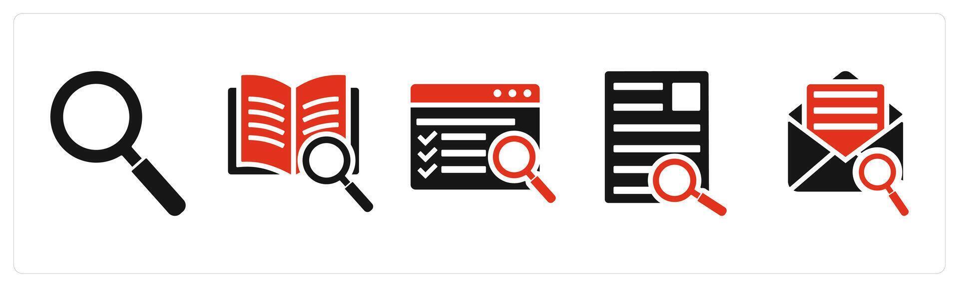 Set of 5 mix icons in red color as search, search content, webpage search vector