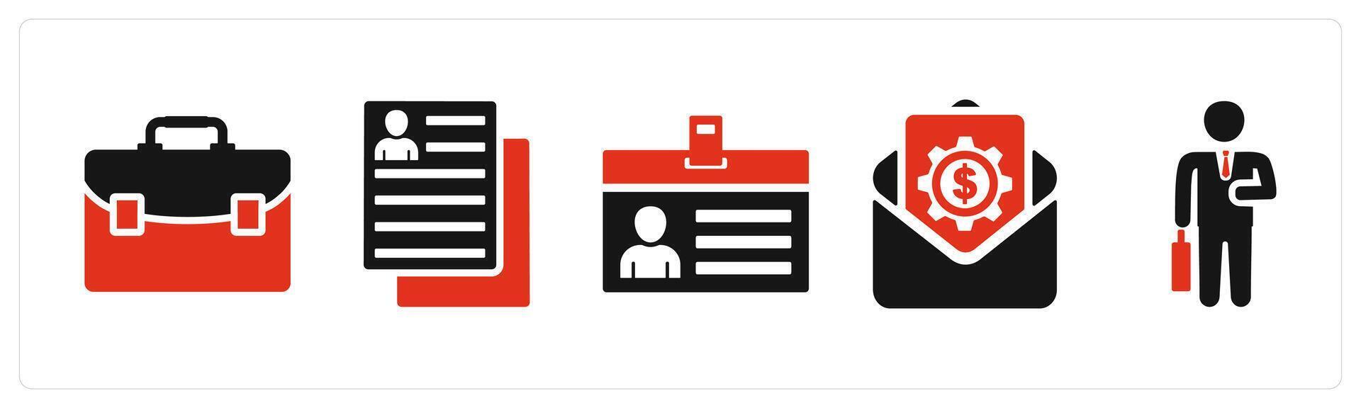 Set of 5 mix icons in red color as portfolio, user details, id card vector
