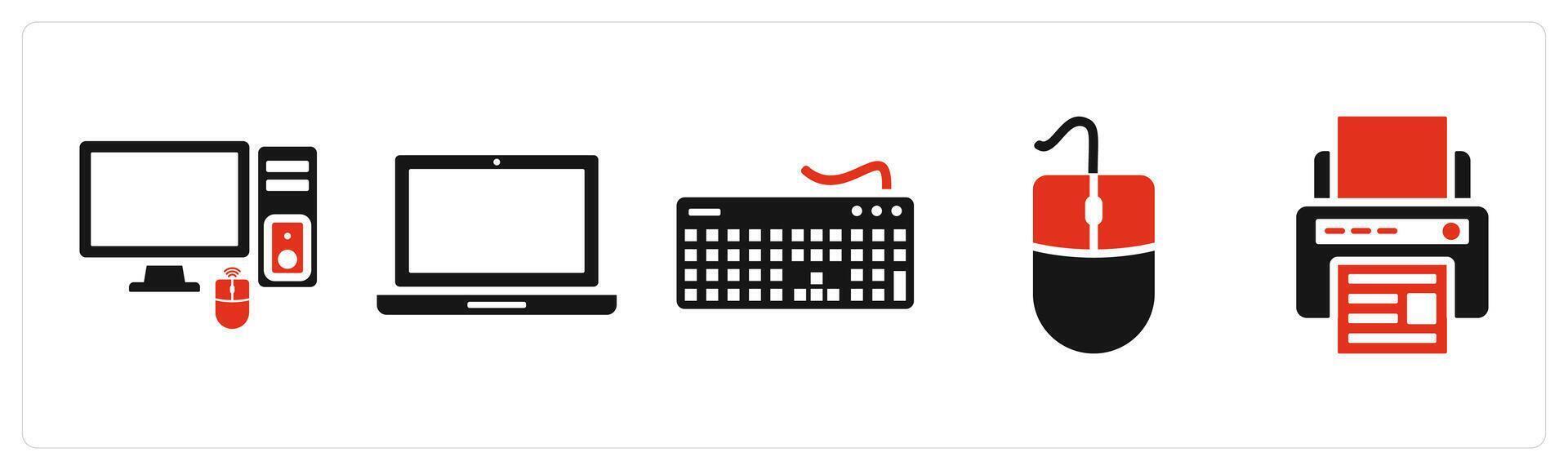 Set of 5 mix icons in red color as computer, laptop, keyboard vector