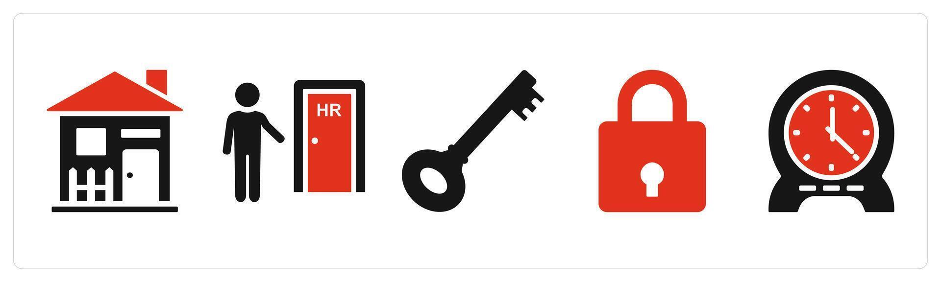Set of 5 mix icons in red color as real estate, human resource, key vector