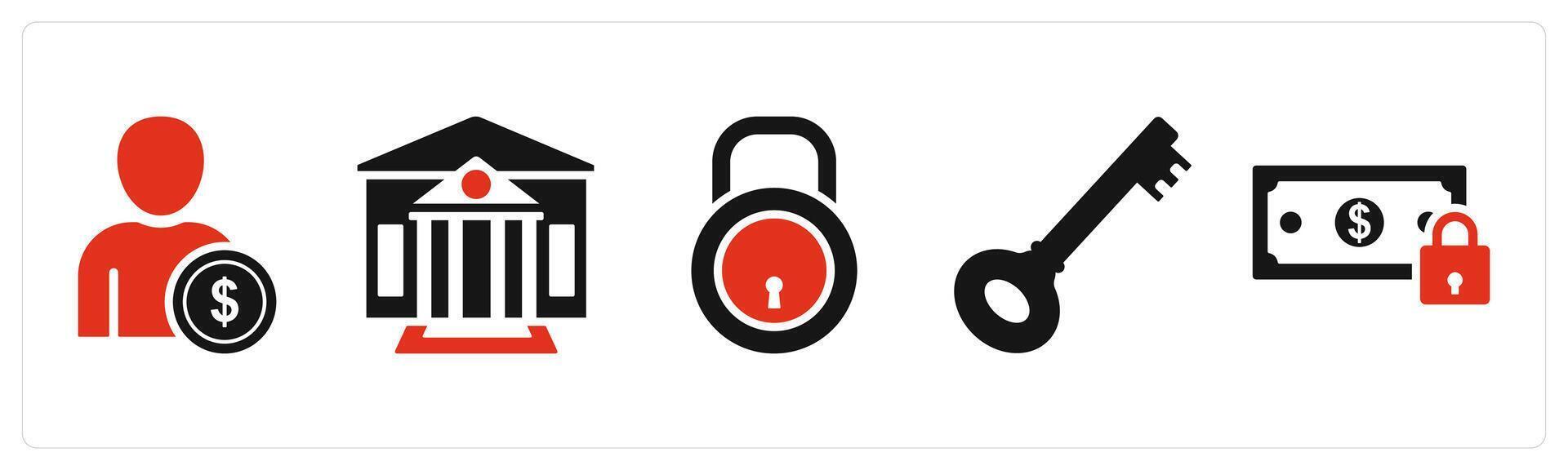 Set of 5 mix icons in red color as accountant, bank, lock vector