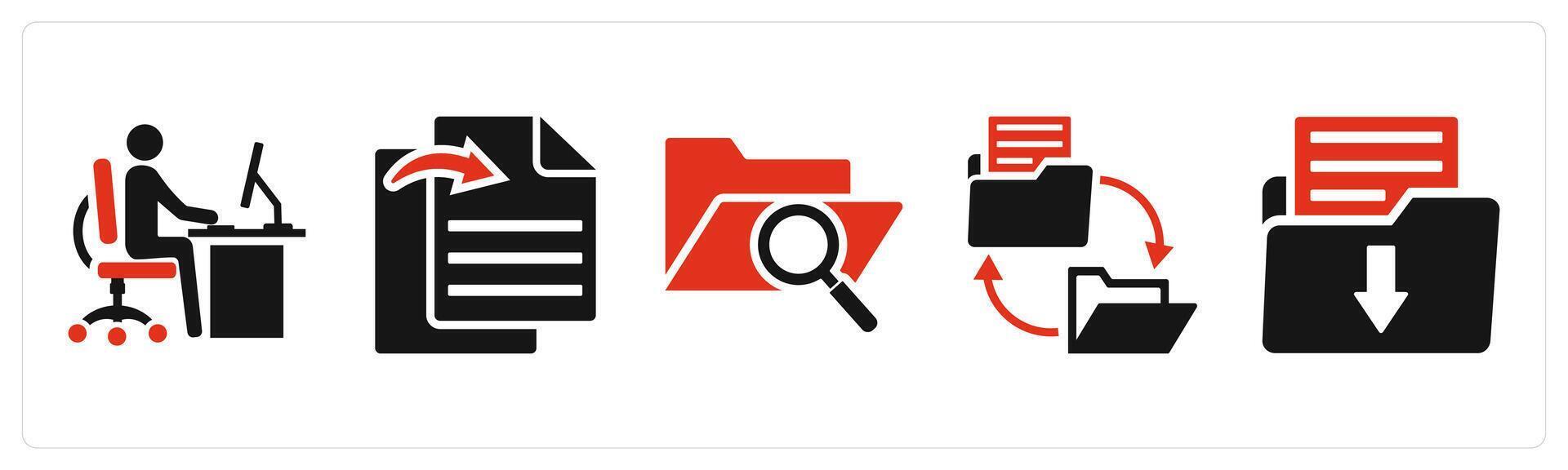 Set of 5 mix icons in red color as office work, file transfer, search folder vector