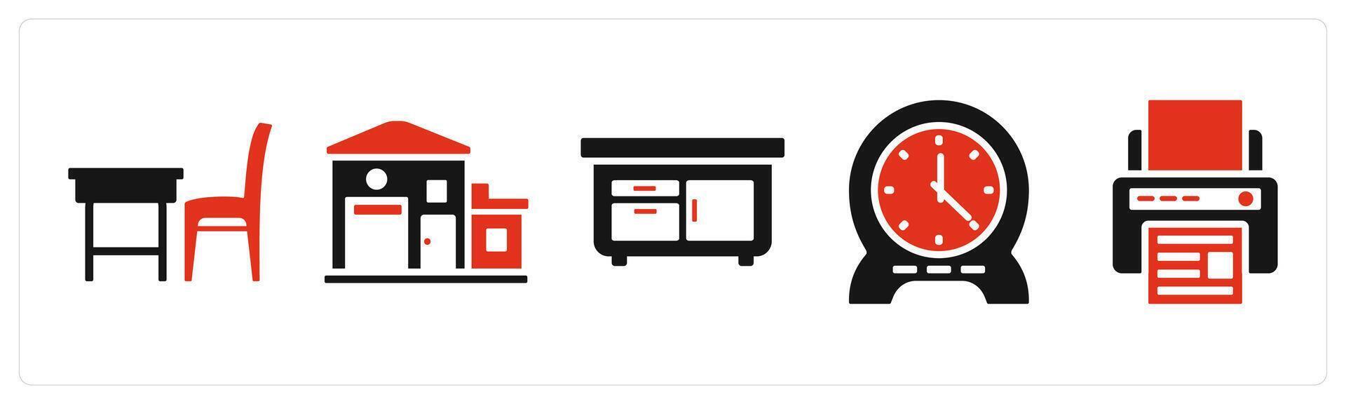 Set of 5 mix icons in red color as office table, office, drawers vector