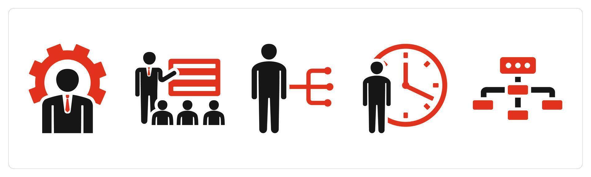 Set of 5 mix icons in red color as business management, lecture, work responsibilities vector