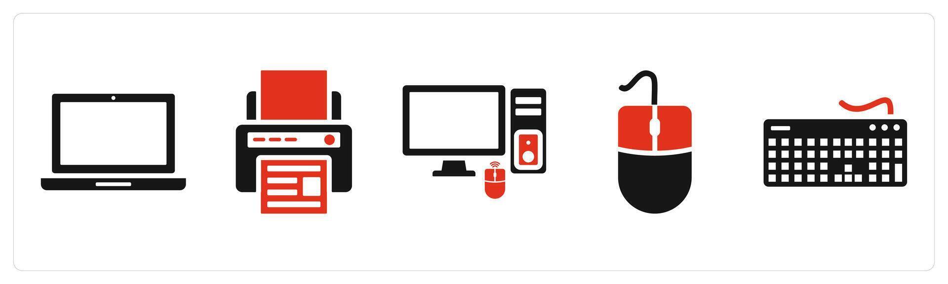 Set of 5 mix icons in red color as laptop, printer, computer vector