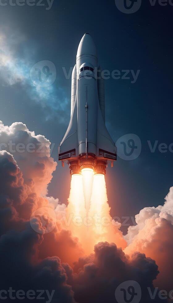 Space Shuttle Soaring Through Clouds with Bright Flame photo