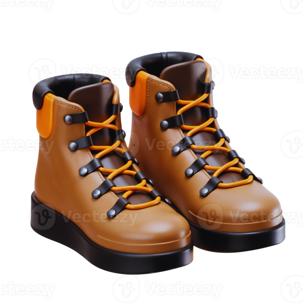 Unique brown rubber boots with bright orange laces on display png