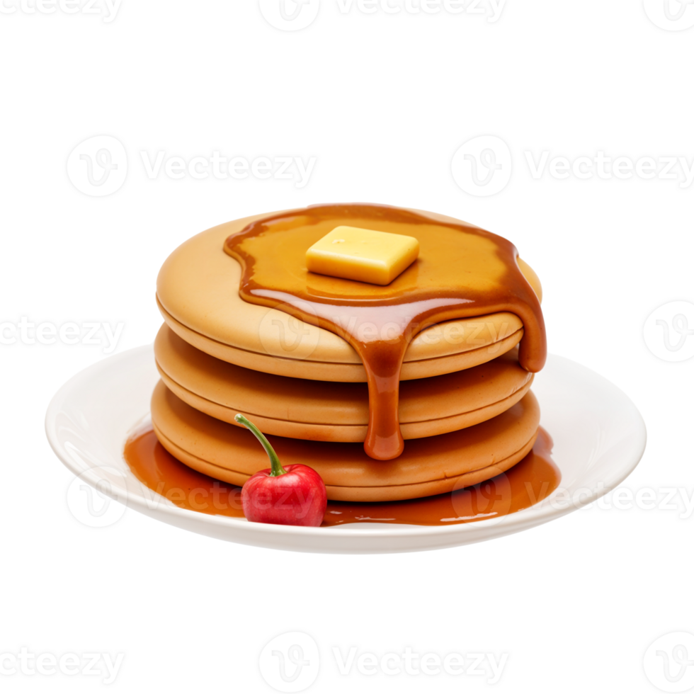 Thick pancakes topped with melting butter and syrup on a plate png