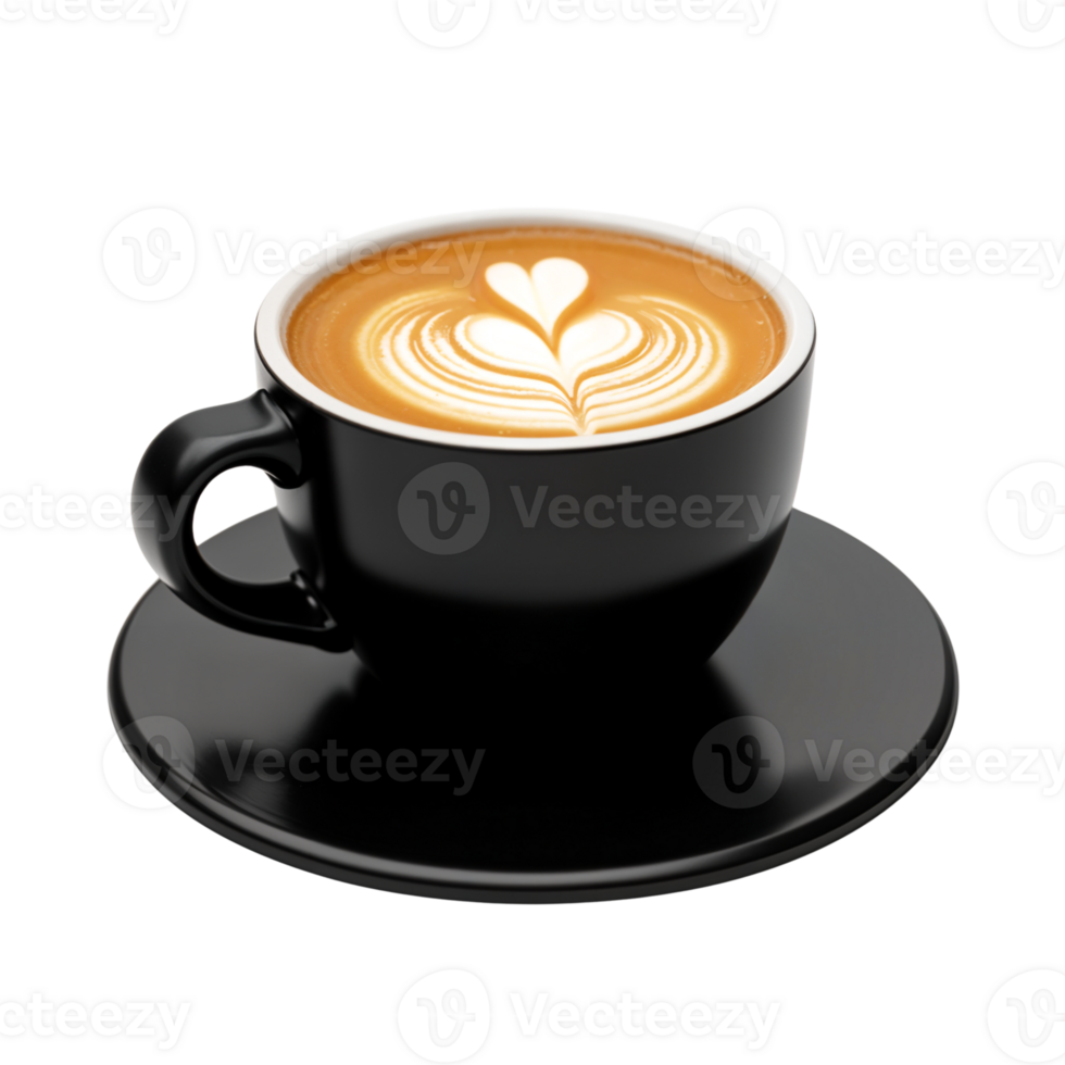 Rich coffee in a black cup with beautiful heart latte art displayed png