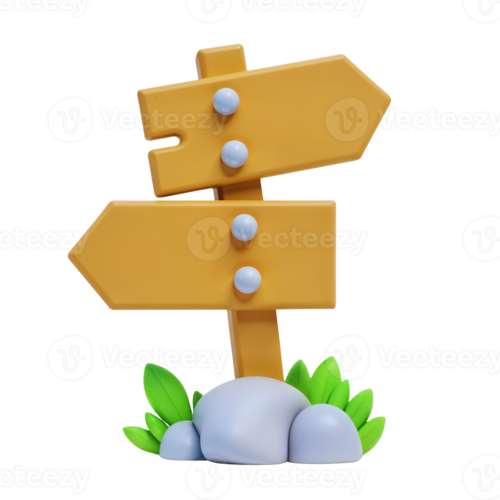Wooden directional signpost with three arrows in a garden setting png